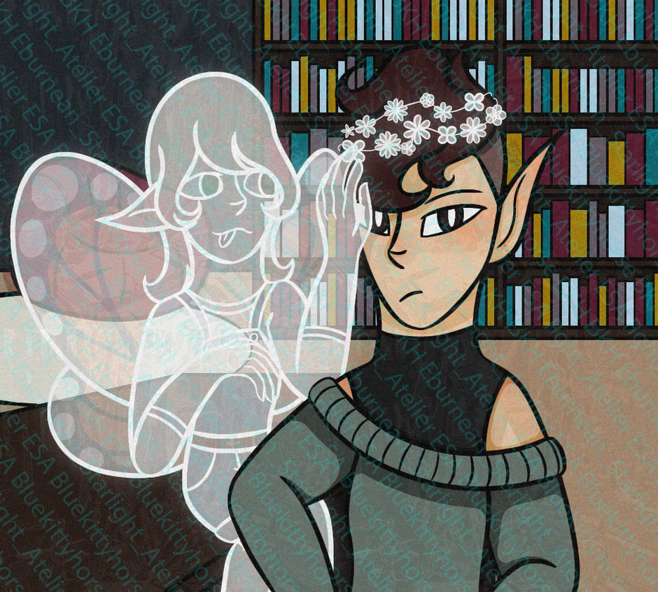 Illustration of Gwyar and Nellie by Bluekittyhorse - Gwyar is sitting at a desk in a darkly colored, sparsely decorated office, a confused look on zyr face. Ghostly, white and translucent flowers are weaved through zyr hair. Nellie is sitting on zyr desk i